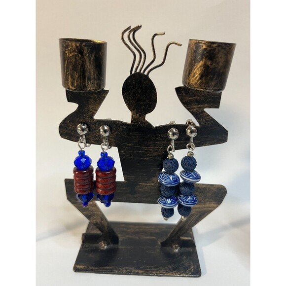 Glass Wood & Resin Clip On Earrings 4 Pair Dangles 1-2" Boho Hippie USA Made F8 - Picture 3 of 8